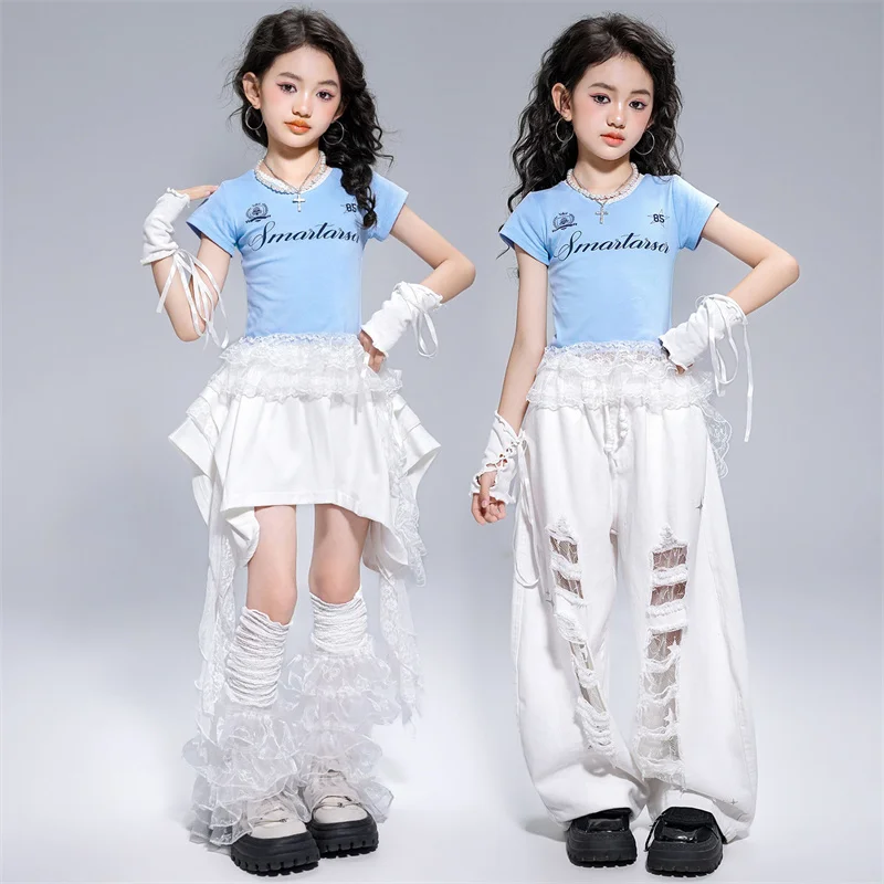 Vestiti per ragazze Hip Hop Bambini Jazz Street Dance Costume T-shirt blu Top Pantaloni strappati bianchi per outfit da spettacolo per bambini