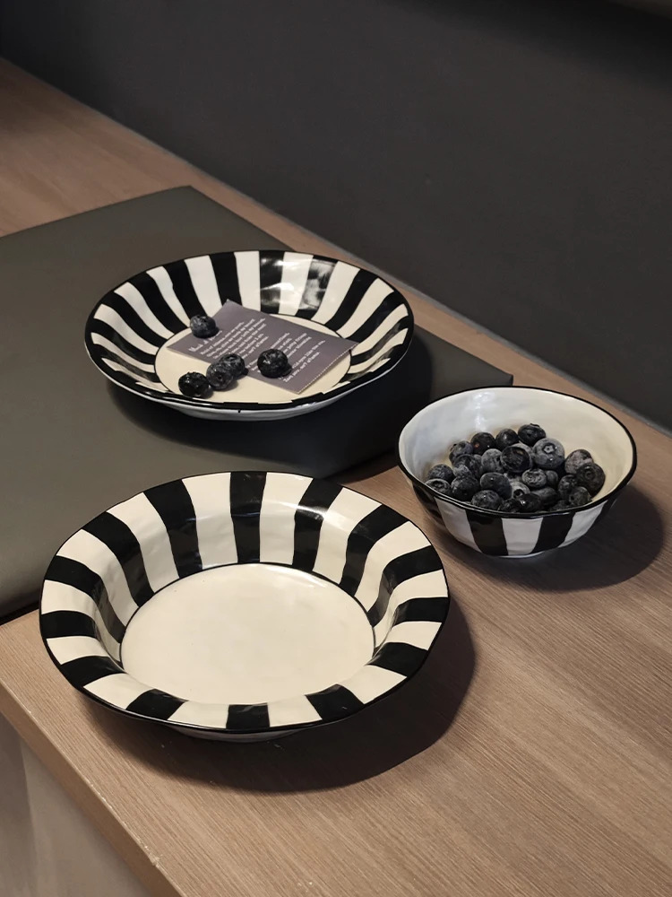 Black and White Striped Ceramic Tableware Deep Plates Straw Hat Plate Household Good-looking Dinner Plate Italian Pasta DishDish