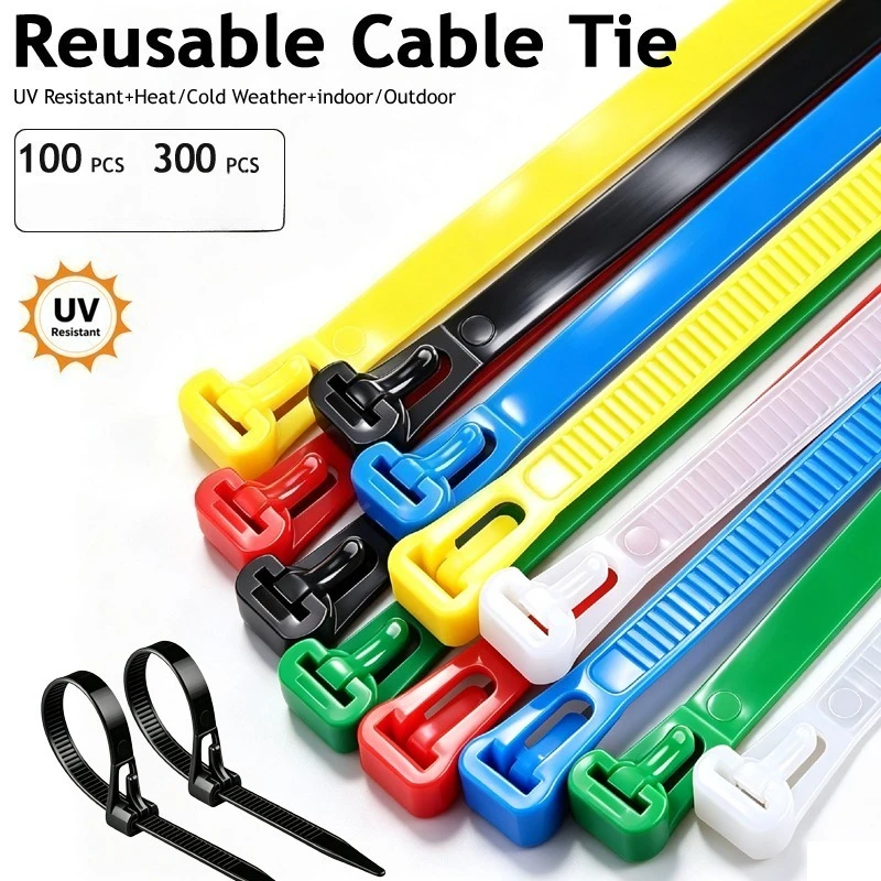 100-300pcs Reusable Nylon Cable Ties High Tensile Strength Wire Ties Recyclable Removable UV Resistant Holiday Light Bundling