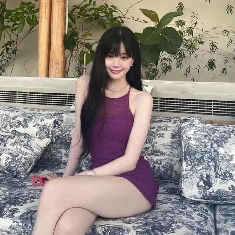 The Same White Purple Hollow Backless Hot Spring Vacation Beach Skirt One-piece Swimsuit