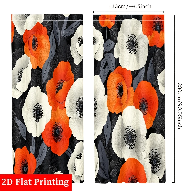 Modern Floral Poppy Print Curtains Window Drapes Black Orange Bloom Statement Home Decor Living Room Panel