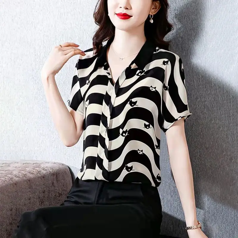 Elegant Chiffon Striped Office Shirt Tops Summer New Polo Neck Short Sleeve Thin Printing Blouse Vintage Fashion Women Clothing