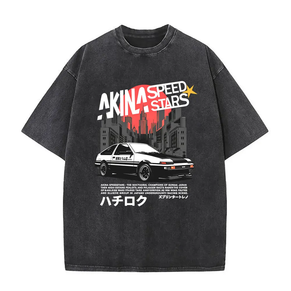 Anime Initial D Drift AE86 Fujiwara Tofu Shop Vintage Washed T-shirts Men's Clothing Retro Manga Harajuku Short Sleeves T Shirts
