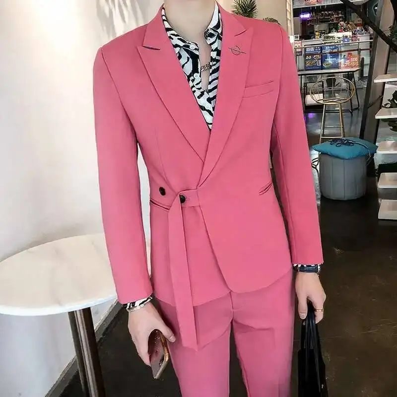 

2021 Suit Set Belt Slim Fit Korean Suit 2 Piece Suit Blazer Men Tuxedo Suit Belt Blazer Suit Men Stylish Blazer Stage Party Club