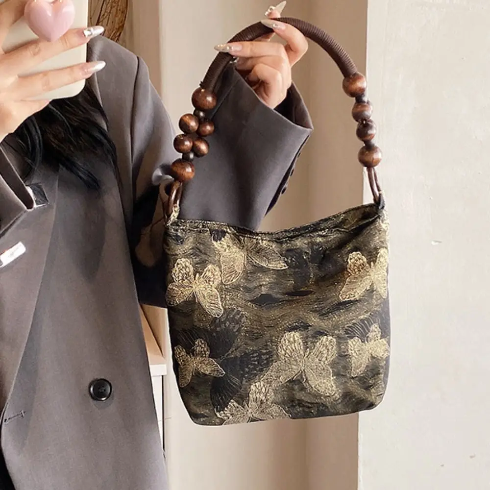

Simple Large Capacity Chinese Style Handbag Bead Butterfly Embroidery Shoulder Bag French Sweet Retro Underarm Bag Shopping