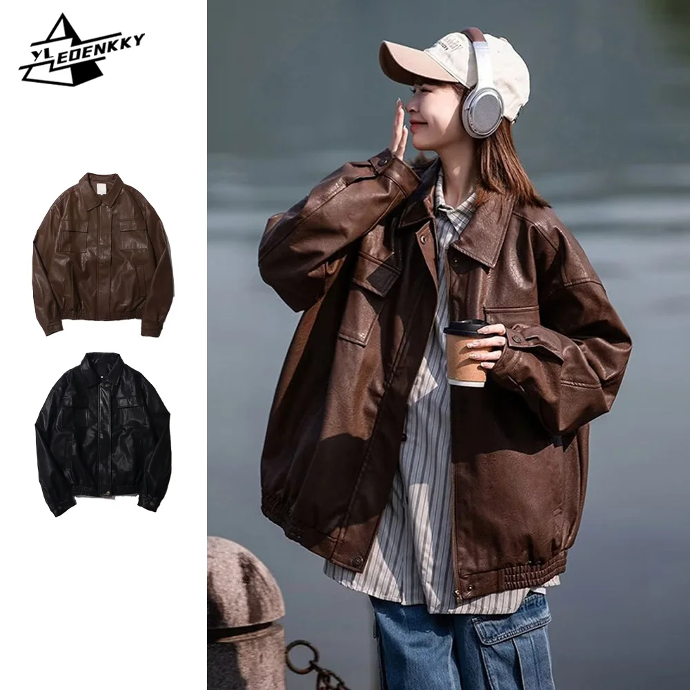 Giacca in pelle PU uomo donna Multi-tasca Baggy risvolto cappotto Cargo Street Vintage moto giacca a vento primavera Casual Bomber top