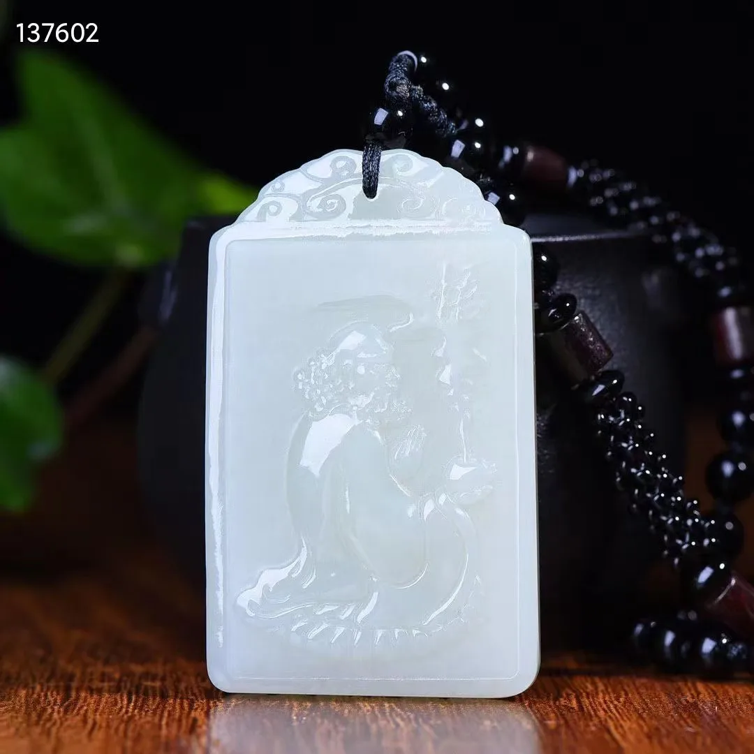 Natural 100% real green white hetian jade carve Enlightenment Bless peace pendant necklace jewellery for men women gifts luck