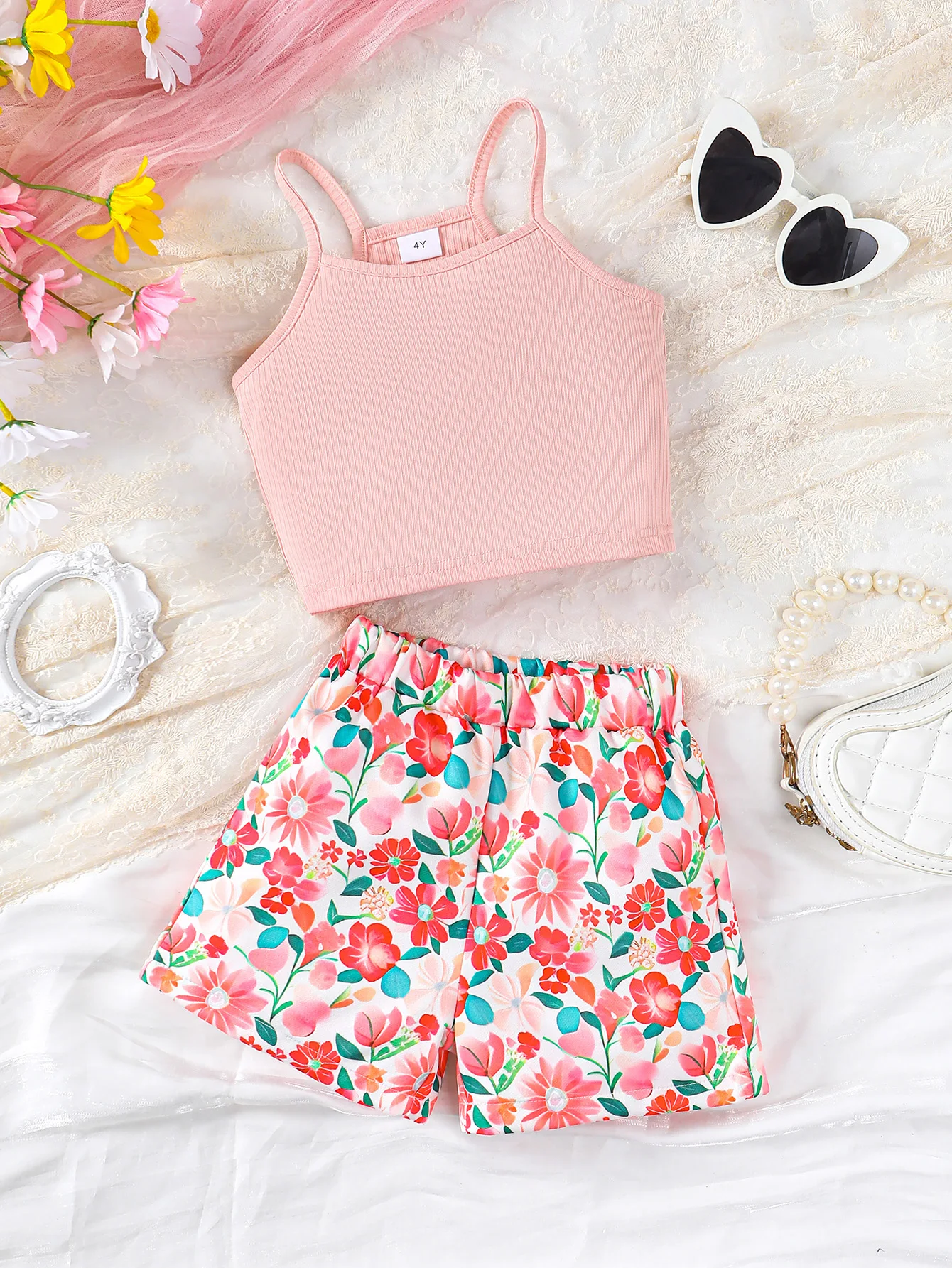 2PCS Summer Children Girl Lovely Clothes Set Pink Sling Short Sleeveless Top+Flower Shorts Daily Casual Wear Kids Girl 4-7 Years