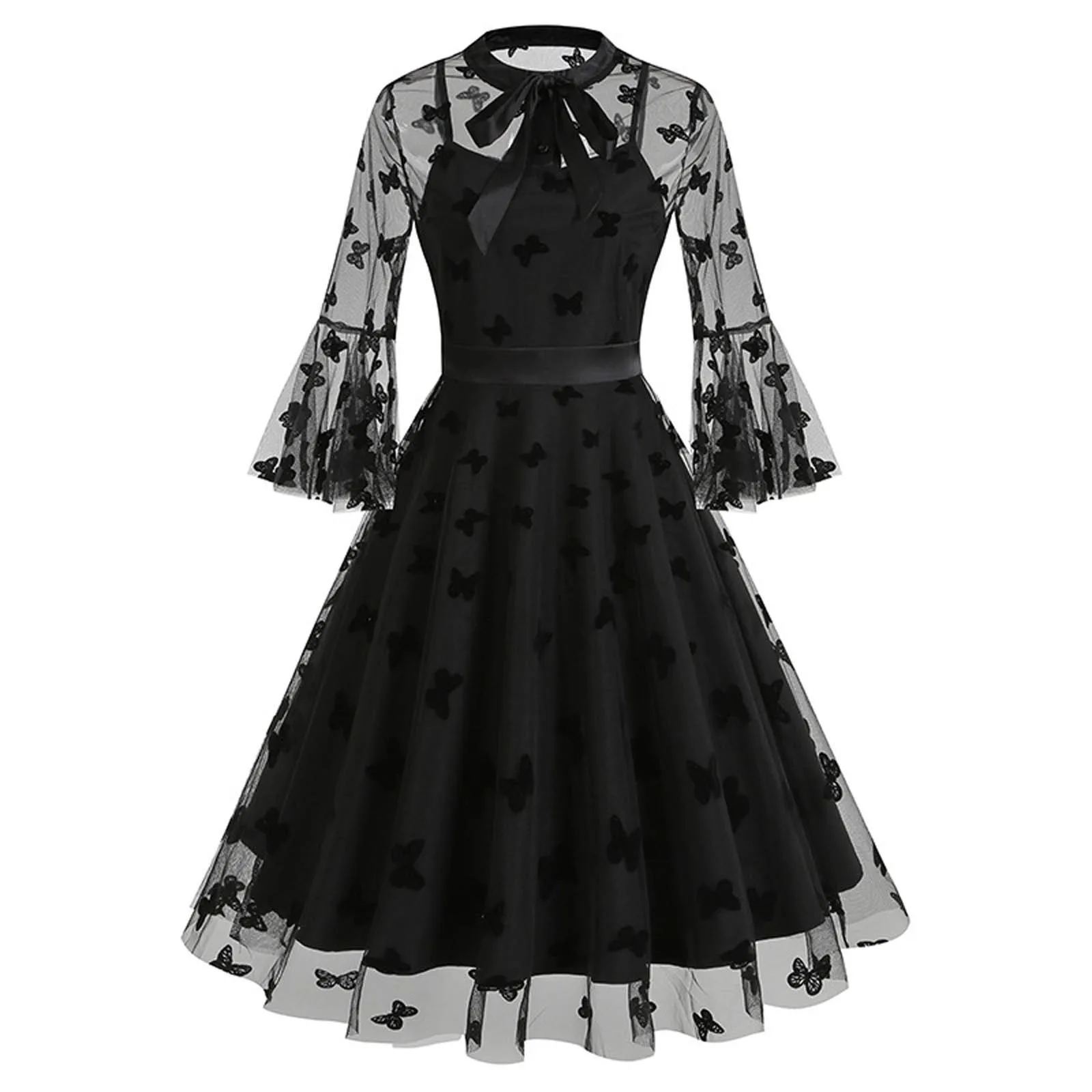 Женское коктейльное платье, прозрачное Сетчатое платье с длинным рукавом и вышивкой бабочки, ТРАПЕЦИЕВИДНОЕ черное платье с рюшами, официальное платье