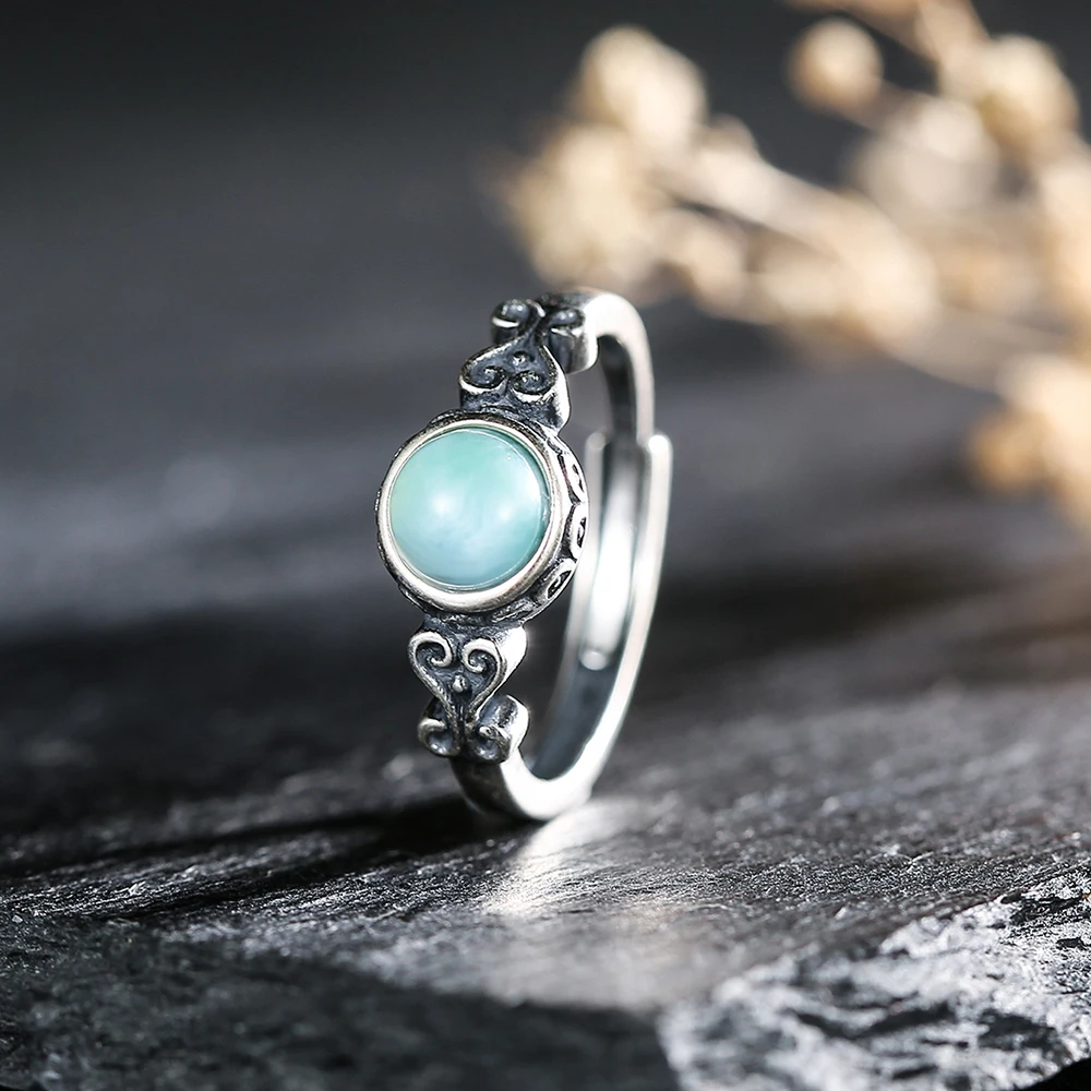 

S925 Silver Ring Natural Crystal Larimar Women's Ring Exquisite Jewelry Couple Men's Ring Party Accessories Birthday Gift