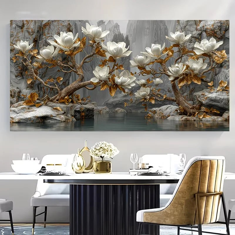 DIY Diamond Painting Water Beautiful White Magnolia Tree Cross-stitch Kit Golden Trunks White Flowers Diamond Mosaic Embroidery