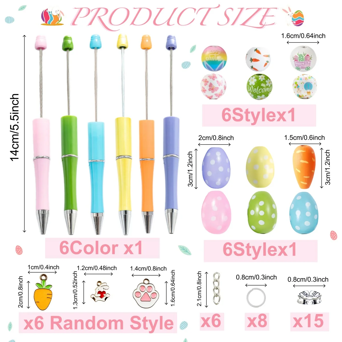 【Easter Egg】6PC Easter Egg Carrot Rabbit Theme DIY Bead Ballpoint Pen And Wooden Pendant Set, Office And Study Supply