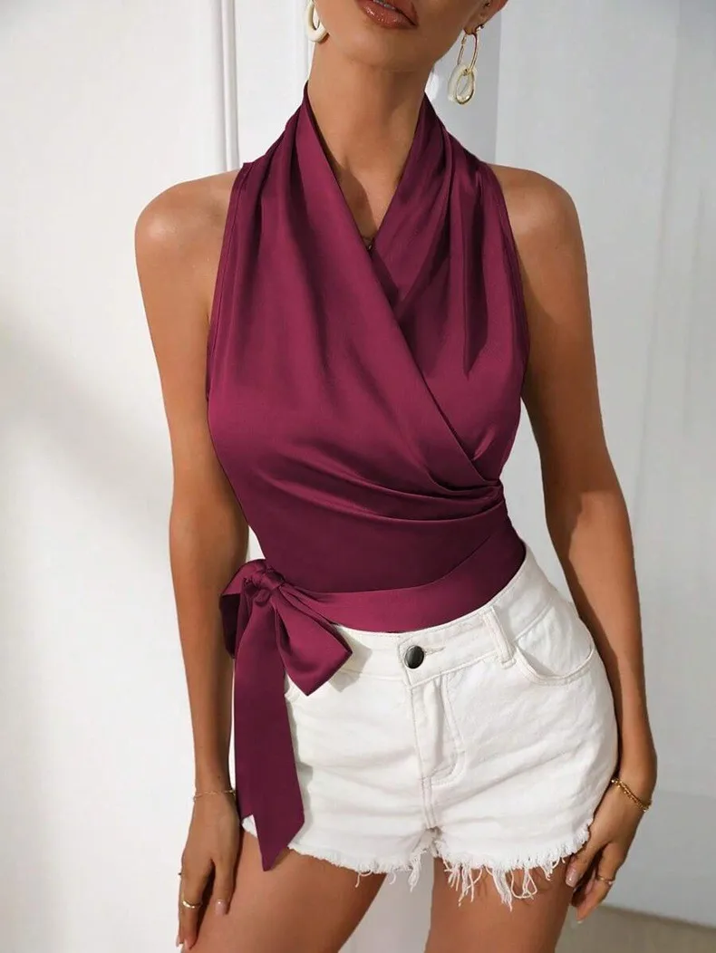 Women's Satin Sleeveless Halter Neck Tie Front Wrap Side Solid Color Slim Fit Blouse Tank Top for Women Clothing Female Fashion