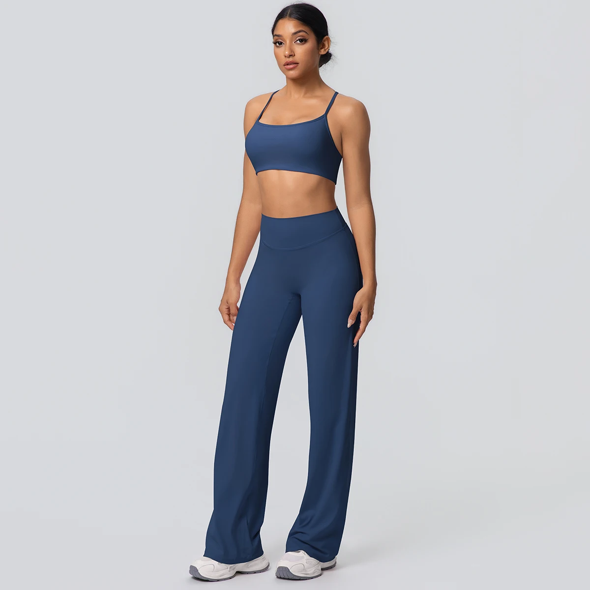 Frauen Gym Sport Yoga Anzug Sexy Schöne Zurück Yoga Unterwäsche Mit Brust Pad Einfarbig Hohe Taille Breite Bein Hosen Yoga Set – Detail 22