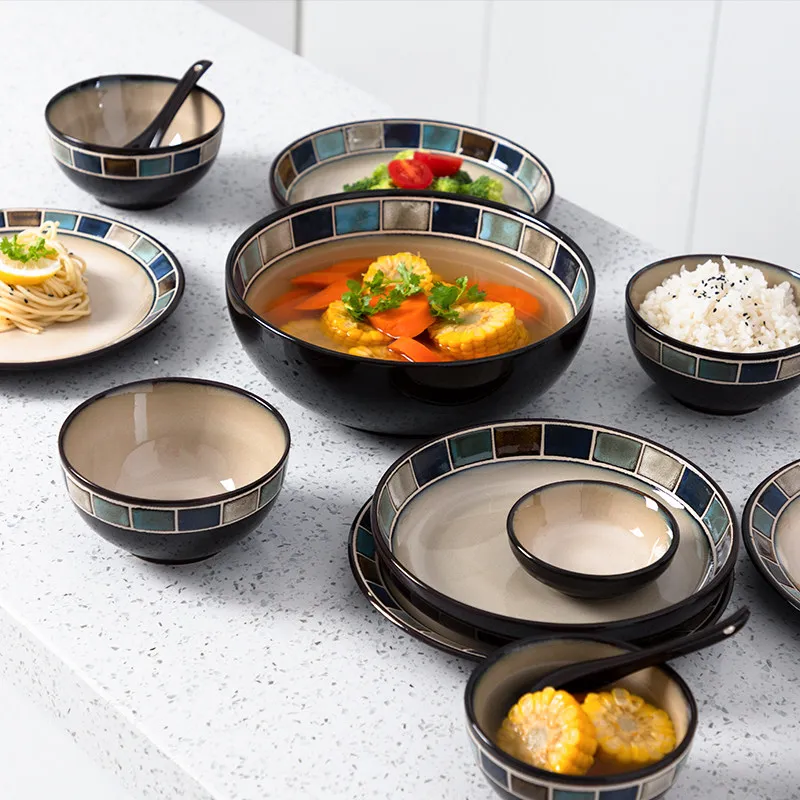 Simple European style personalized retro ceramic bowl noodles bowl plates household creative combination microwave oven