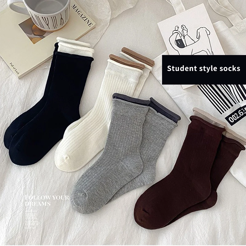 4 Pairs Cotton Combed Color Solid Children Girls Mid-calf Socks  Concise Trendy Casual Rolled Hem Design Comfortable Soft Socks