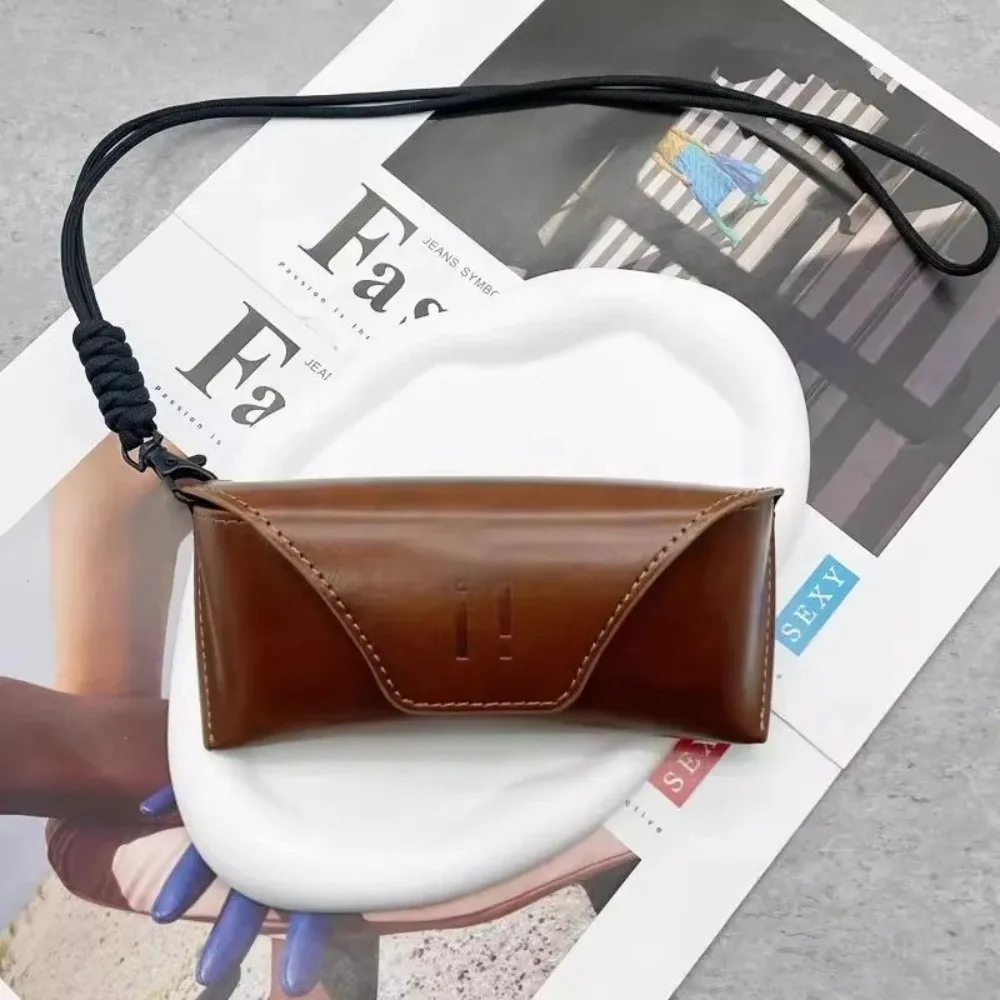 Solid Color PU Leather Glasses Bag Hanging Neck Anti-Fall Glasses Storage Bag Eyewear Protector Case Sunglasses Pouch