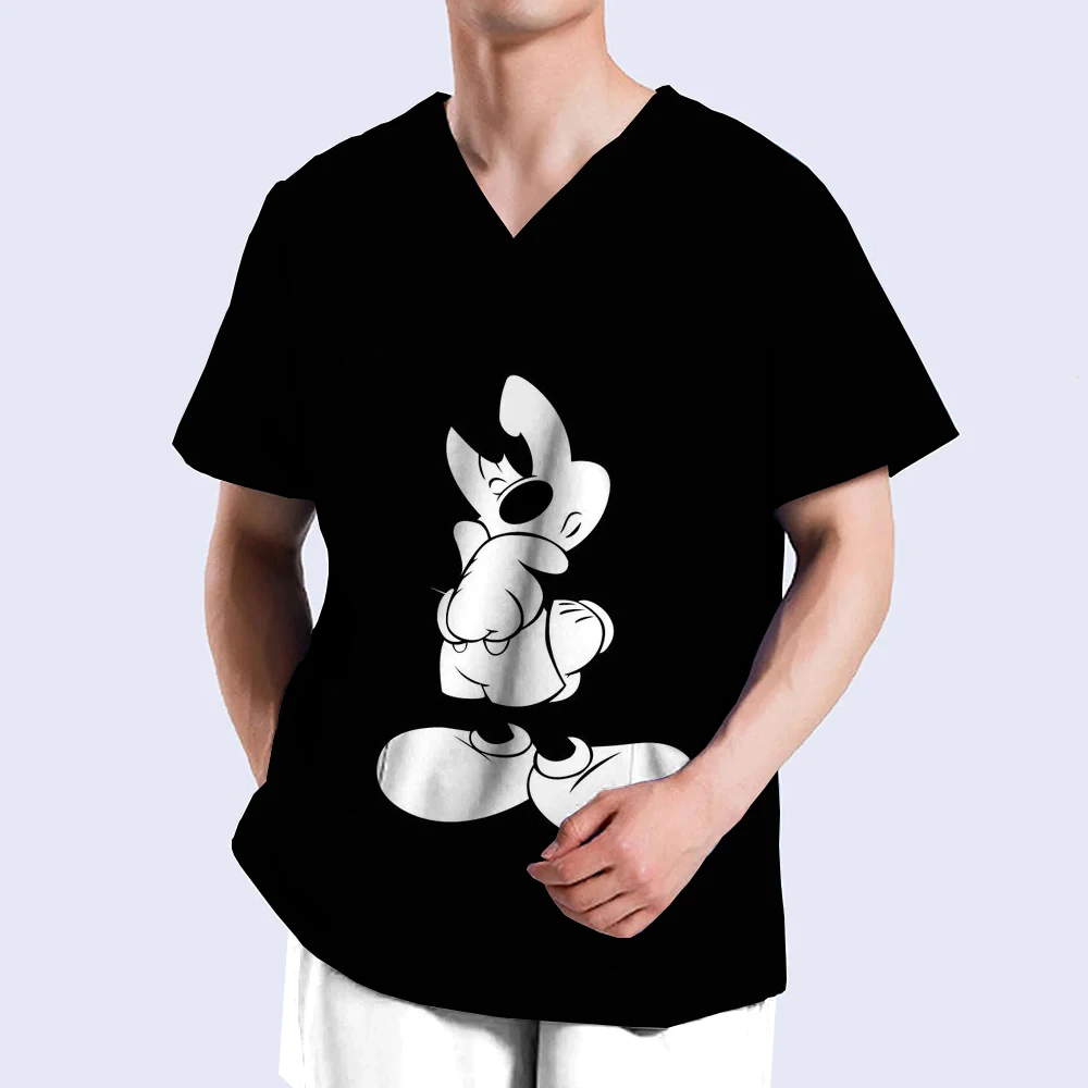 Mickey Mouse T-shirt V-neck Nurse Uniform T-shirt Mickey Mouse Top 2024 Men's Pocket Women's Hospital Summer Top Disney T-shirt