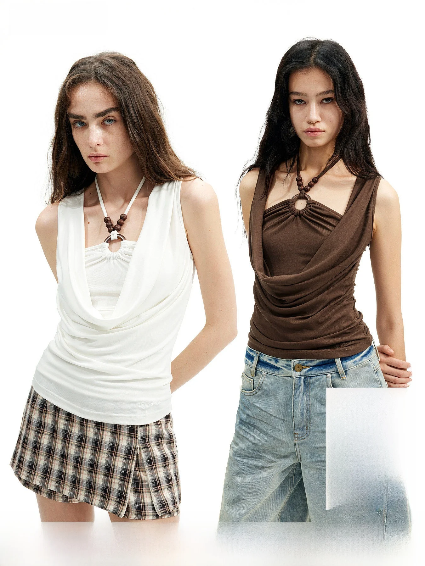 

AFTADAWN Zhang Yifan Lyocell Wrap Neck Beaded Hanging Necklace Vest Short Regular Fit Commute Style Crumpled Gored