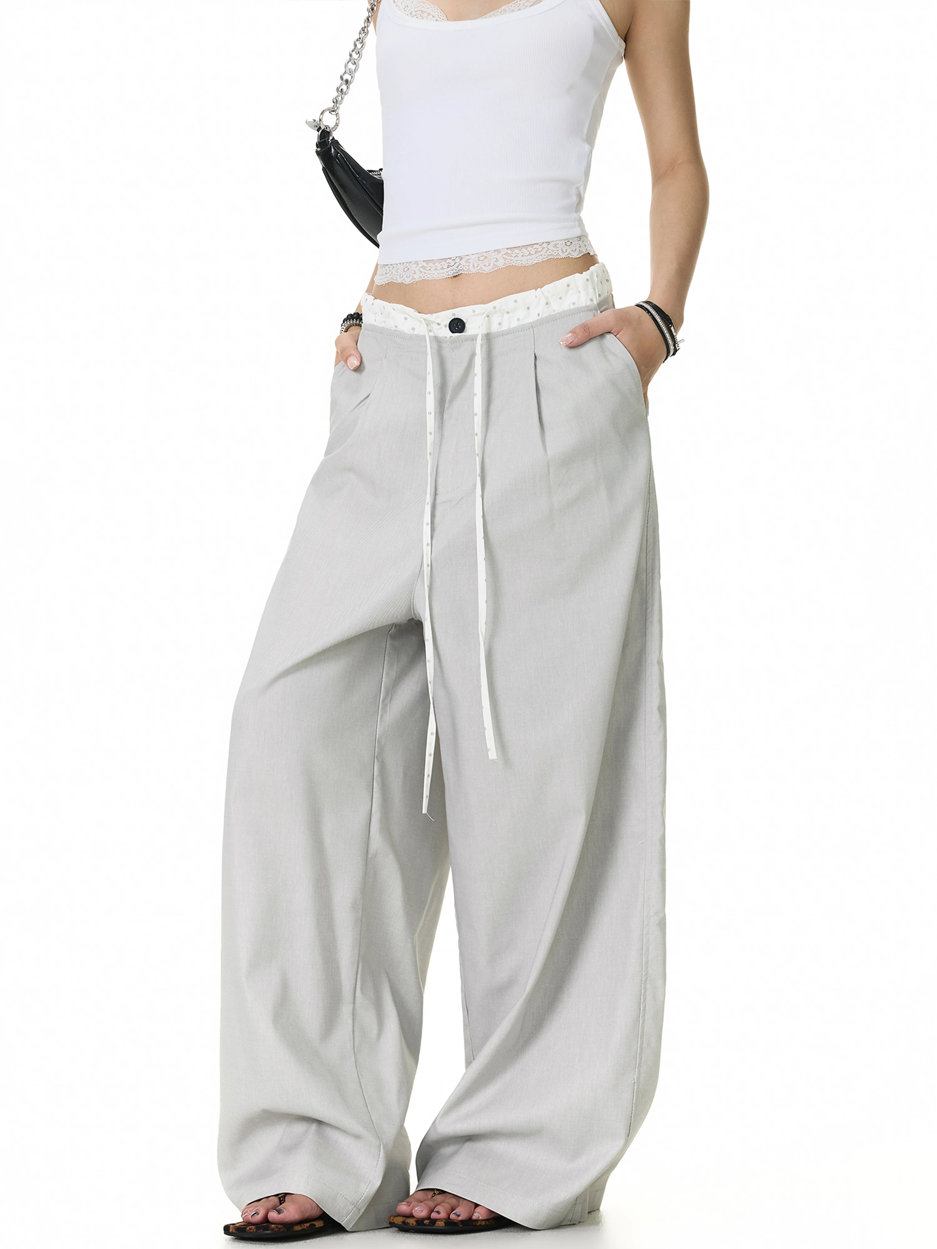 American Lazy Splice Waist Design Casual Pants Men Women Loose Wide Leg CleanFit Dragging Long Trousers Cotton Blend Stretch
