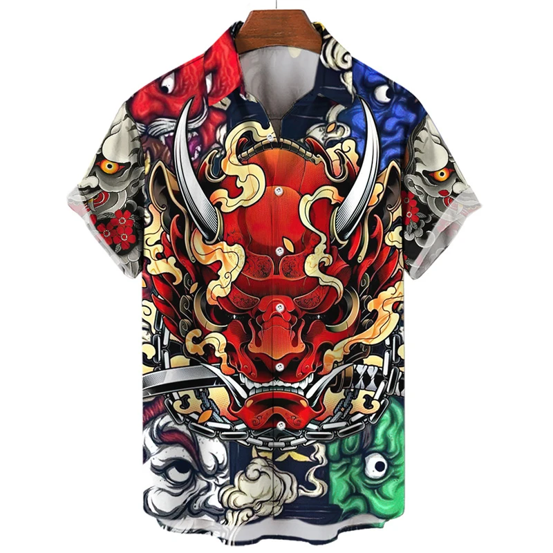

Fashion Samurai Mask Graphic Shirts For Men Trendy Summer Short Sleeve 3D Printed Button Shirt Loose Streetwear Harajuku Blouse