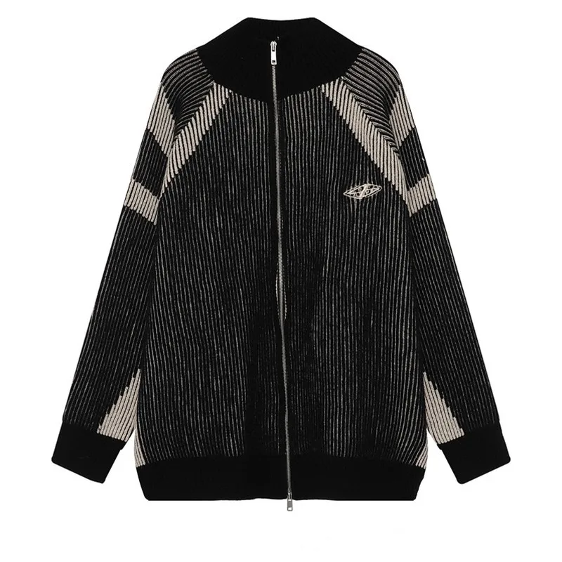 

Мужской кардиган-жакет в стиле хип-хоп, осенне-зимний, с цветными вставками, на молнии, вязаный, в стиле кэжуал, для уличной моды