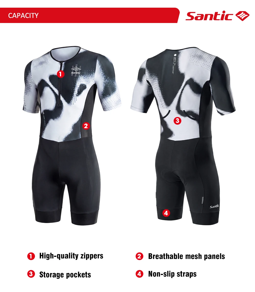 Santic Herren-Triathlon-Skinsuit mit kurzen Ärmeln, atmungsaktiver, elastischer Radsport-Overall mit 80 kg hochdichtem Polsterpolster KM26C03030 – Detail 3