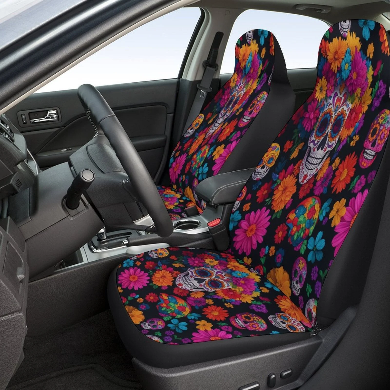 A Complete Set Of Car Seat Covers Featuring A Sugar Skull And Floral Design, Suitable For Most Vehicles. These Stylish, High-Qua