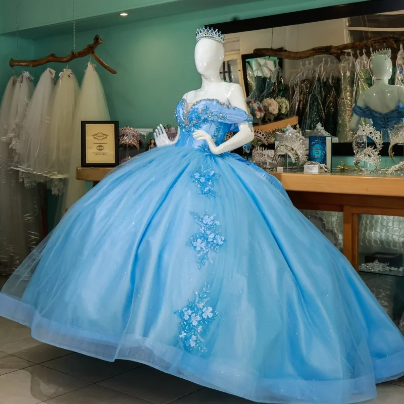 

Customized sky blue V-neck Quinceanera Dresses Off the Shoulder sequin applique flower Long tail Bow Vestido 15 Quinceanera