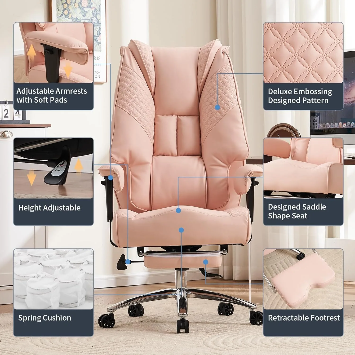 Office Chair Wide Seat, Leather High Back Office Chair with Foot Rest,Lumbar Support for Lower Back Pain Relief (Light Pink)