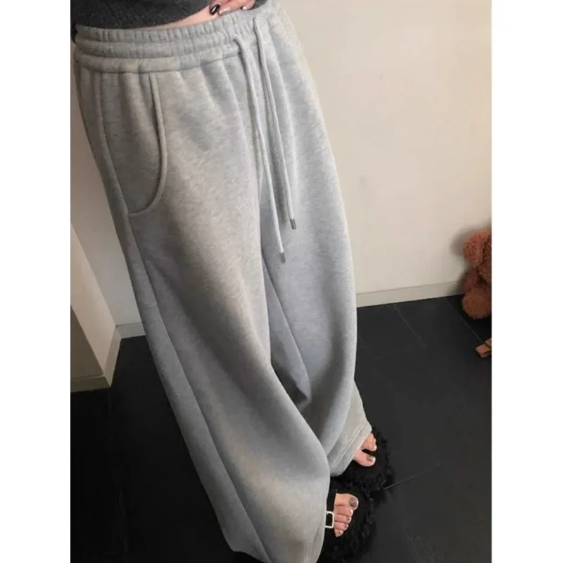 Deeptown Vintage Baggy Sweatpants Women Harajuku Oversize Grey Jogger Wide Pants with Fleece Casual Retro Korean Cotton Trousers