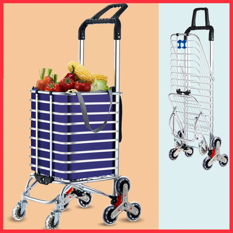 Grocery Cart Portable Aluminum Alloy Shopping Folding Trolley Big Capacity Lightweight Step Climbing Folded Trolley