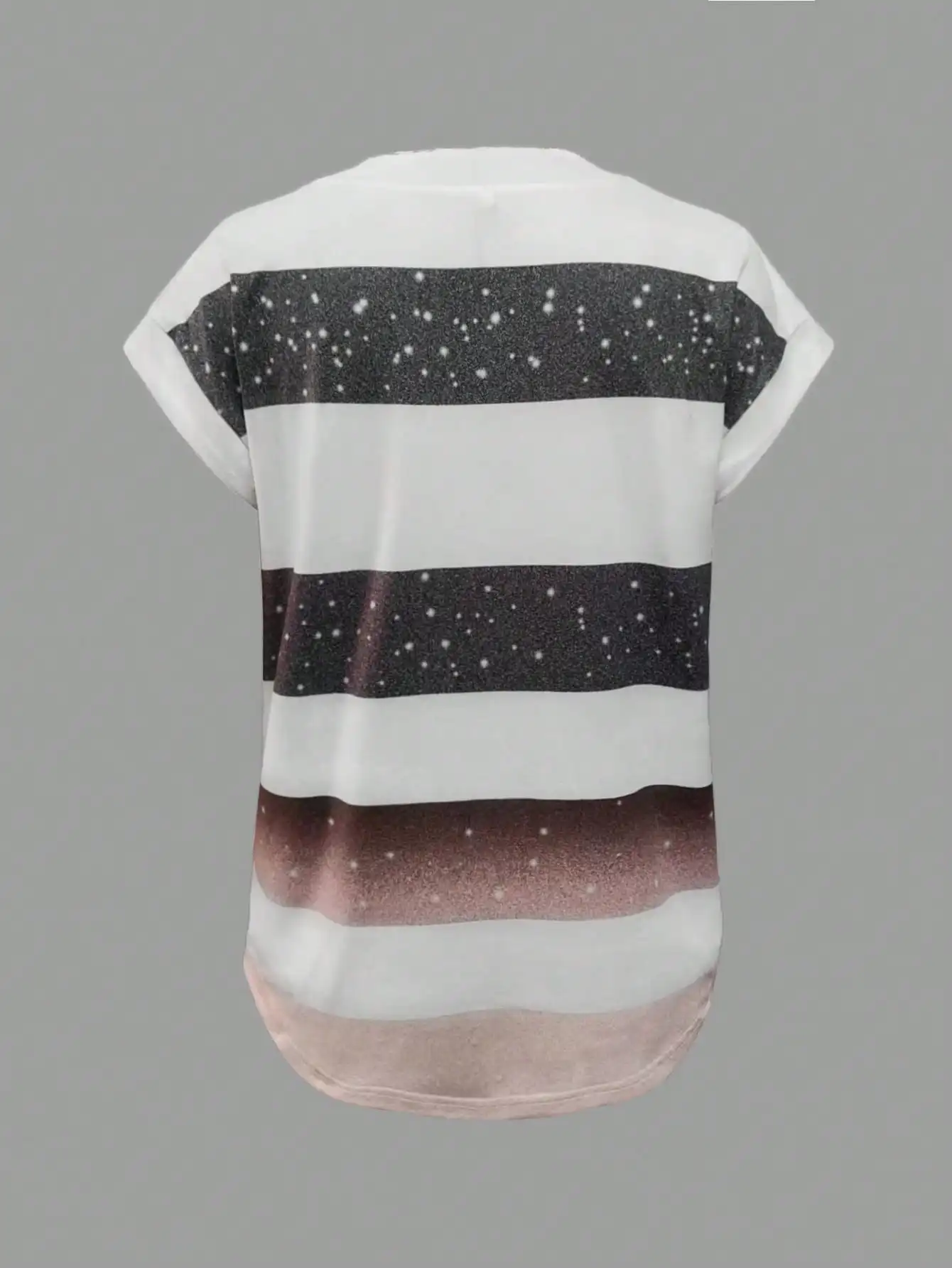 Women Glitter Gradient Stripe V Neck T-Shirt, Rolled Cap Sleeve Loose Curved Hem Casual Sparkly Blouse
