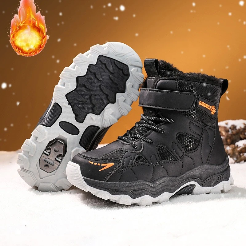 Kids Winter Snow Boots Boys Girls Hiking Shoes Hook & Loop Warm Fur Lined Non-Slip Waterproof Toe Guard Thick Sole Outdoor Shoes
