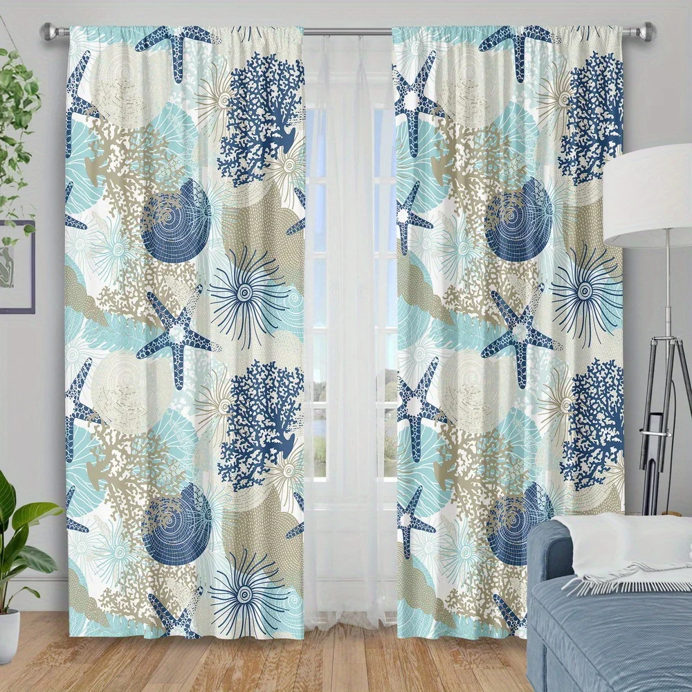 2 Panels Ocean Starfish Coral Printed Curtains Blue Beige Sea Shell Window Drapes for Living Room Bedroom Beach Home Decor