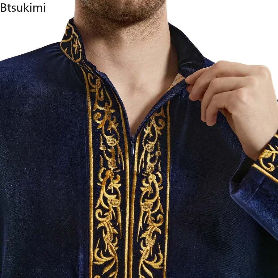 Muslim Men Jubba Thobe Islamic Clothing Velvet Kaftan Thoub Arabic Saudi Robe Dress Jubah Caftan Thawb Ramadan Gown Middle East