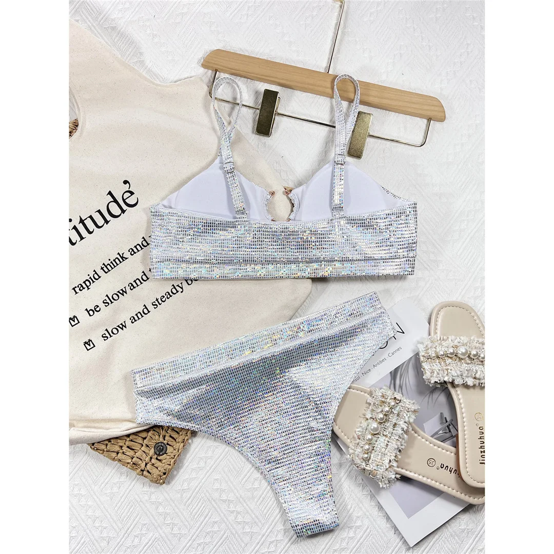 Neuer glänzender Bikini mit Pailletten, hoher Taille, Damen-Badeanzug, zweiteiliges Bikini-Set, gepolsterter Badeanzug, Badebekleidung, Modell V4213. – Detail 9