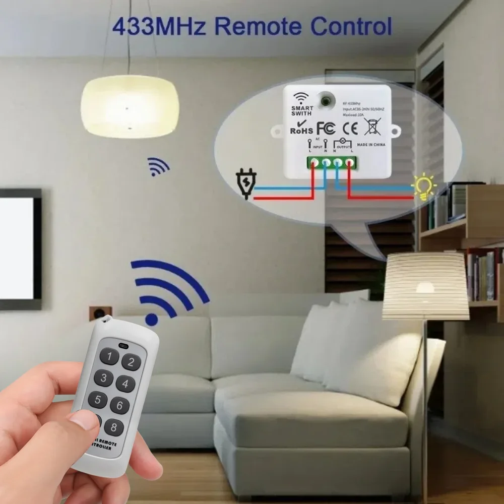 Mini Wireless Smart Light Switch with Remote Control 1000M Distance 433 Mhz RF Relay Receiver 220V Switch for Home Led Lamp Fan