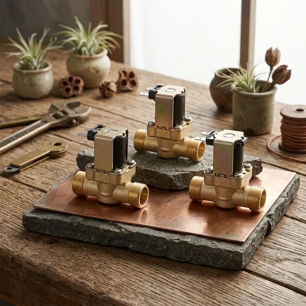4-Way Copper Solenoid Valve Featuring Thermostatic Core for Continuous Inlet Compensation in Solar Water Heating Installations