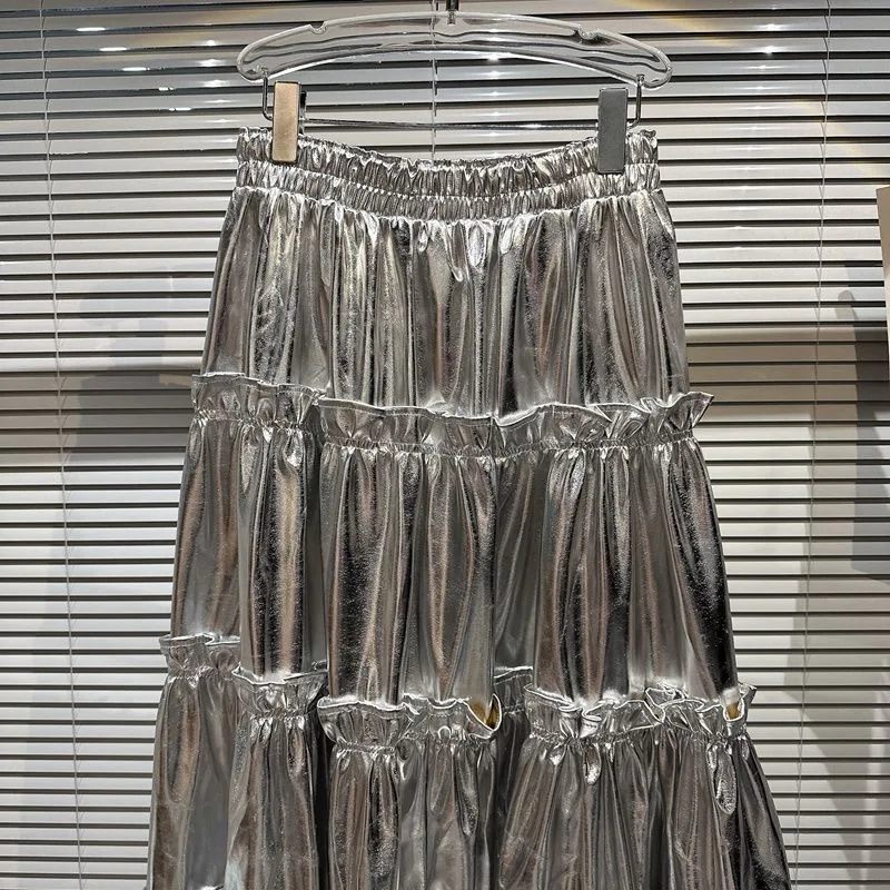 3-15Y Girls Silver pu long skirt Autumn 2023 Version Super Sen Elastic High Waist Medium Kids Silver Glossy Surface Cake Dress