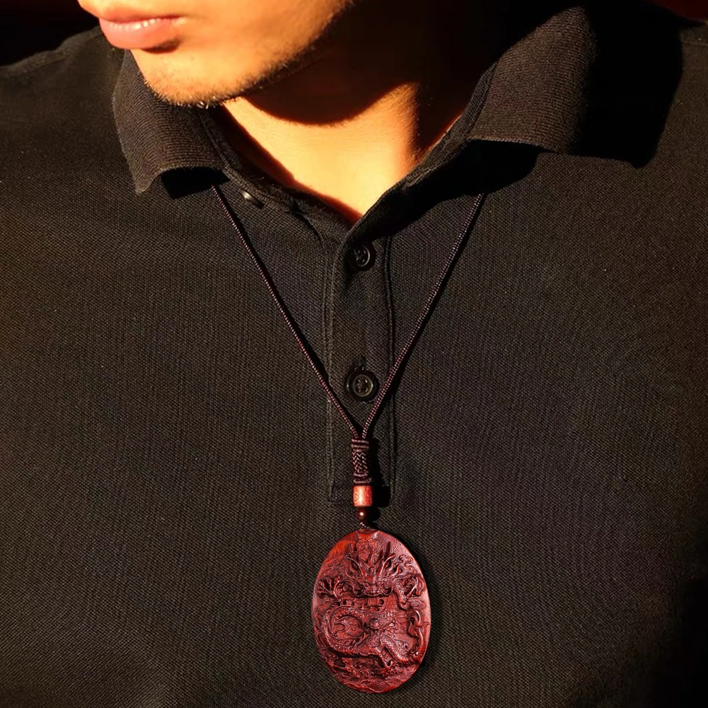 Natural Red Sandalwood Hand Carved Chinese Dragon Pendant Necklace for Men Women Mascot Amulet Male Lucky Jewelry Gifts