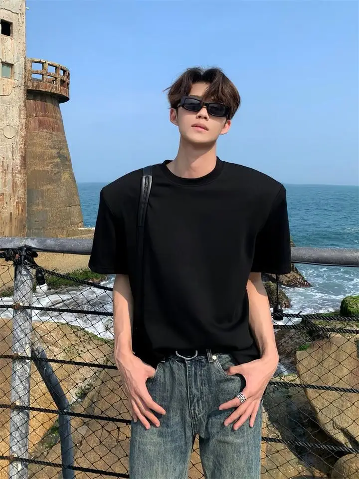 Ace American Style Heavyweight  Color Shoulder Pad Short Sleeve T-Shirt Men Summer  High-End round Neck Loose Half ...