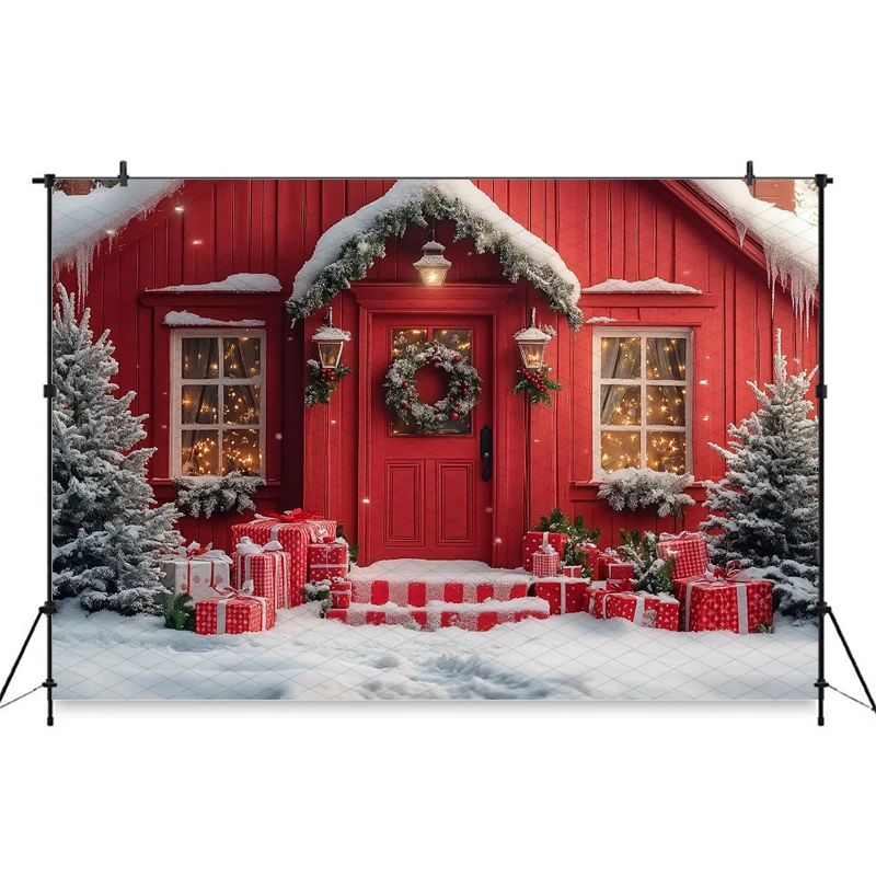 Mocsicka Red Christmas House Background Photography Winter Snow Tree New Year Party Decoration Adult Child Photo Backdrop Banner - Image 6