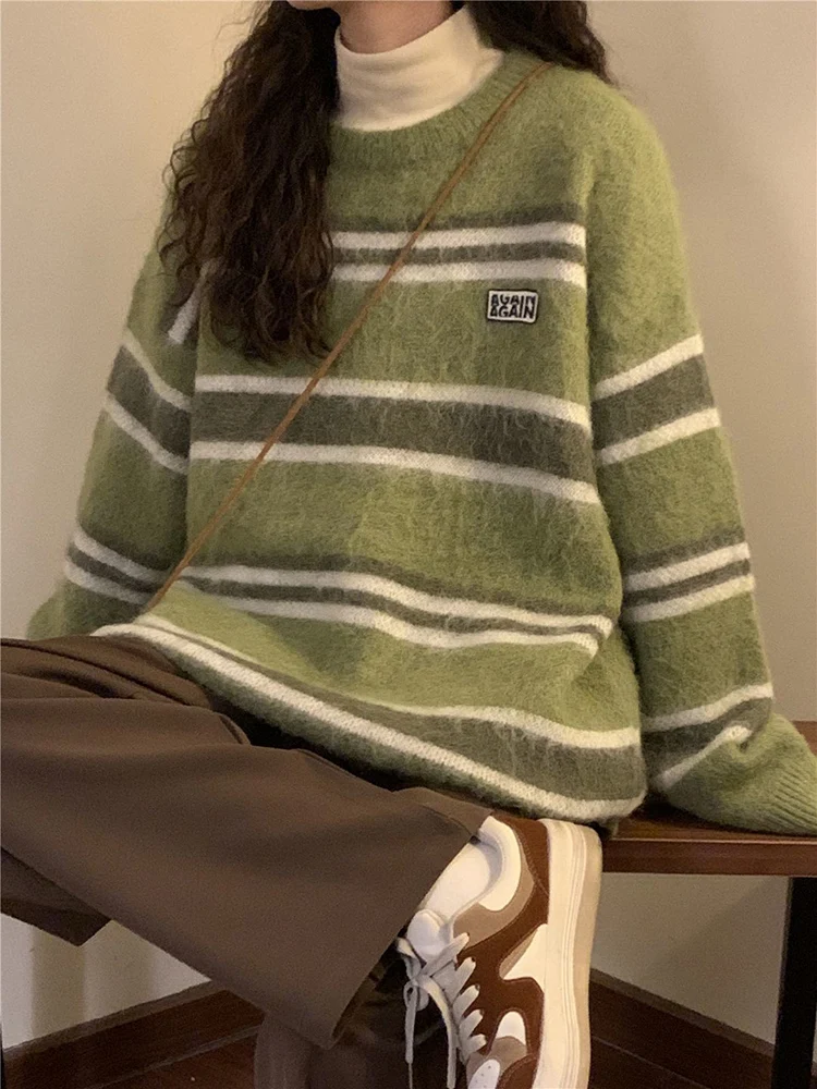 Zoki Oversize Vintage O Neck Striped Sweaters Women Harajuku Japan Knitted Jumper Casual Loose Long Sleeve Lazy Wind Bf Soft Top