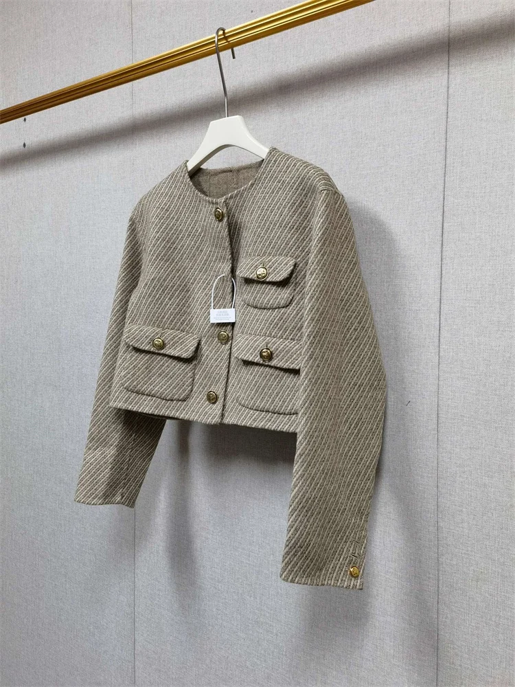 Autumn and Winter Classic Round Neck Long Sleeved Twill Double Sided Woolen Jacket with Multiple Pockets, Short Jacket for Women