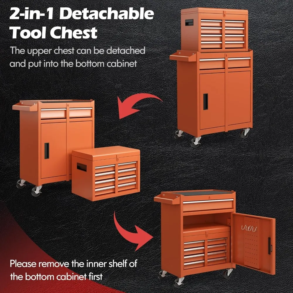 صندوق الأدوات، خزانة أدوات دوارة مكونة من 5 أدراج مع صندوق أدوات علوي قابل للفصل، عجلات عالمية قابلة للقفل، قضيب قفل، مقاس L واقي
