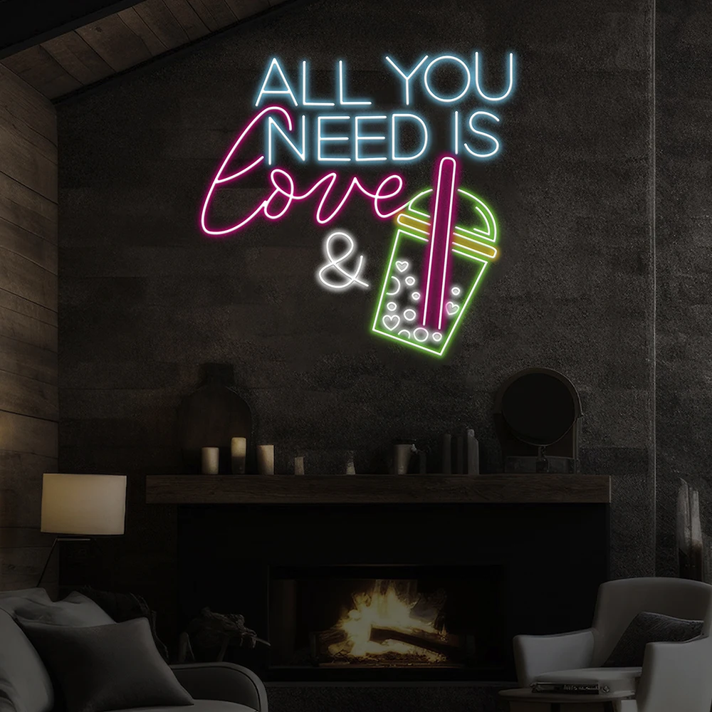 All You Need Is Love &  Bubble Tea LED Neon Sign Custom Boba Tea Milk Tea Neon Coffee Bar Shop Cafe Wall Decoration Welcome Sign