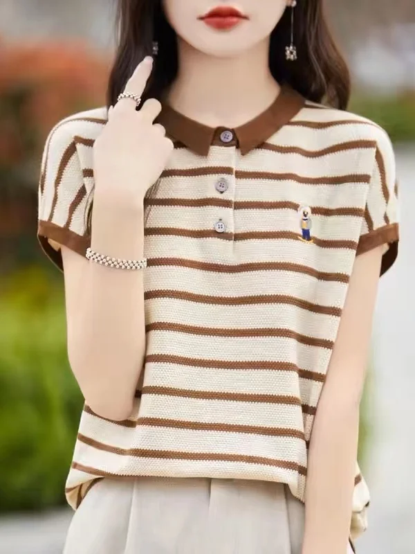 루즈핏 자수 티셔츠 여성 스트라이프 칼라 여름 상의 아울렛 브랜드 리틀베어 스티칭 캐주얼 니트웨어