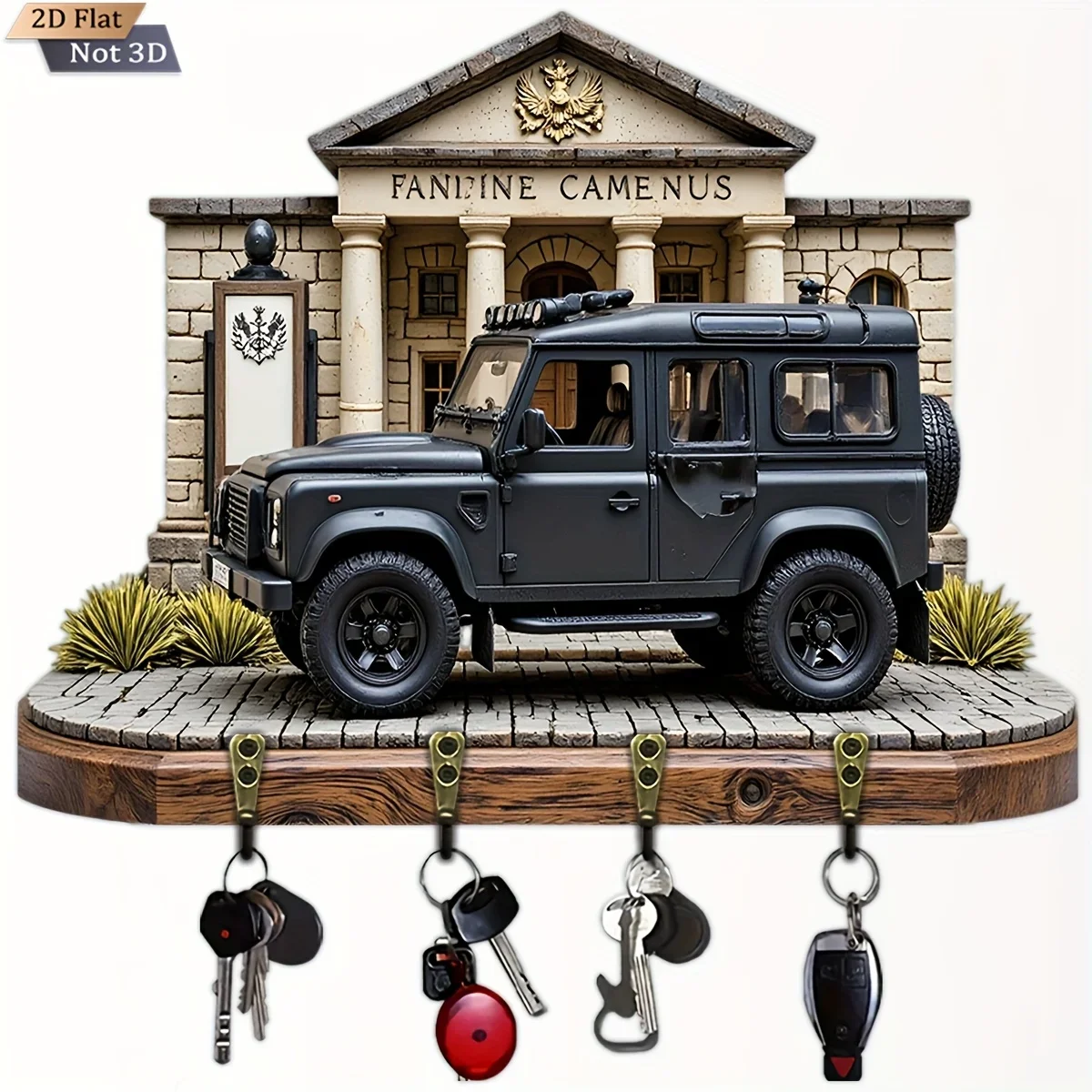 2D Flat, 1pc, Wooden multifunctional home key hanger with off-road vehicle shaped key hook, equipped with four metal hooks,