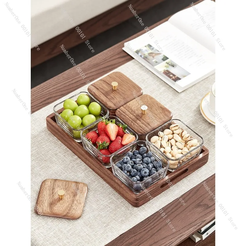 Household living room coffee table high-value storage box, glass fruit plate and wooden snack plate combined design